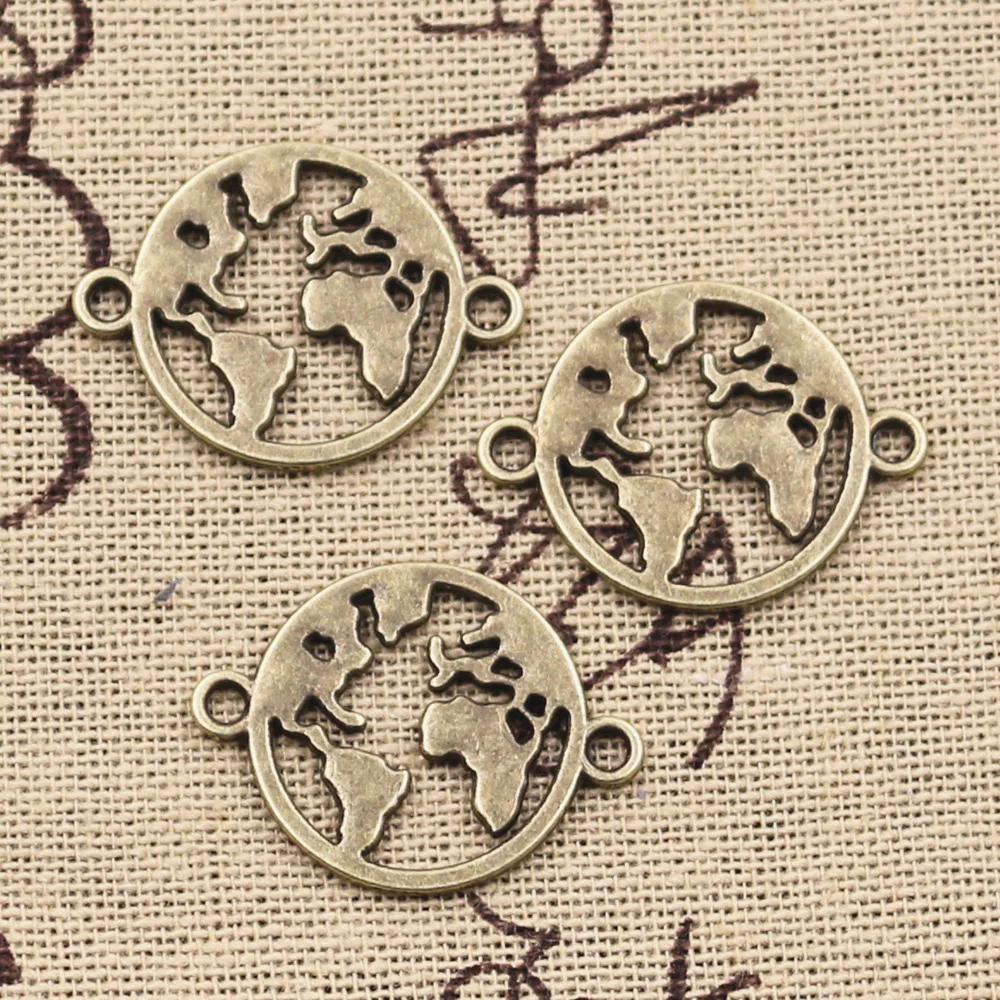 12pcs Charms World Map Link Earth Connector 20x26mm Antique Bronze Silver Color Pendants Making DIY Handmade Tibetan Finding