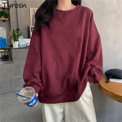 No Hat Hoodies Women Elegant Solid Burgundy Fashion Ulzzang All-match O-neck Sweatshirts Femme Japanese Style Long Sleeve Tops