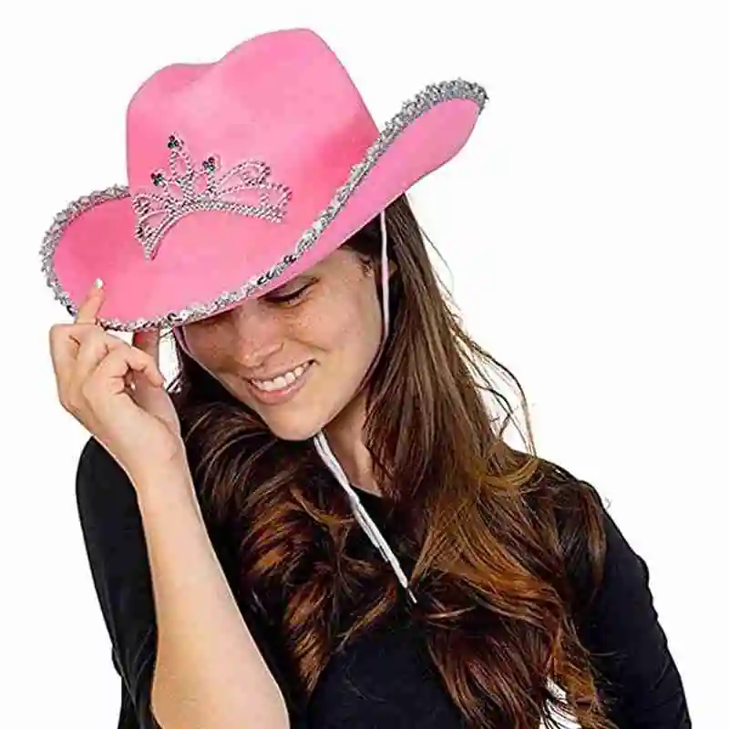 Rhinestone Crown Feather Panama Pink Cowboy Cowgirl Hat for Women Girls Chapeau Cowboy Hats Caps sombrero de vaquero mujer