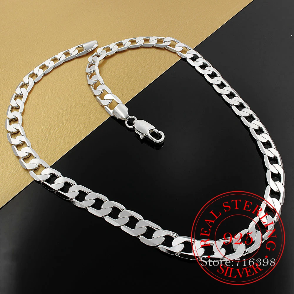 

925 Sterling Silver 20/24 Inches 10mm Flat Sideways Chain Necklace For Women Man Fashion Wedding Party Charm Jewelry