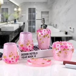 Romantic Rose Flower Simple Resin Bathroom Five-Piece Set Household European-style Wash Cup Bathroom Supplies Set Toilet Toothbr