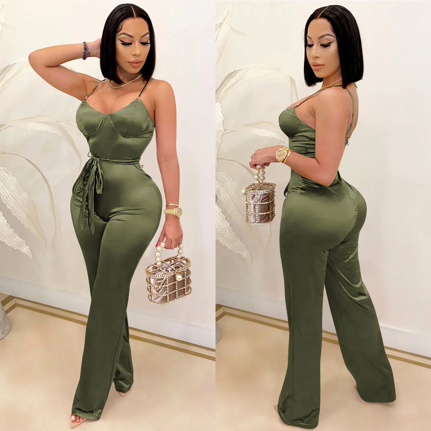 New Women Spaghetti Strap Sleeveless Straight Jumpsuit Women Sexy Club Open Back High Waist Rompers One Piece Overalls