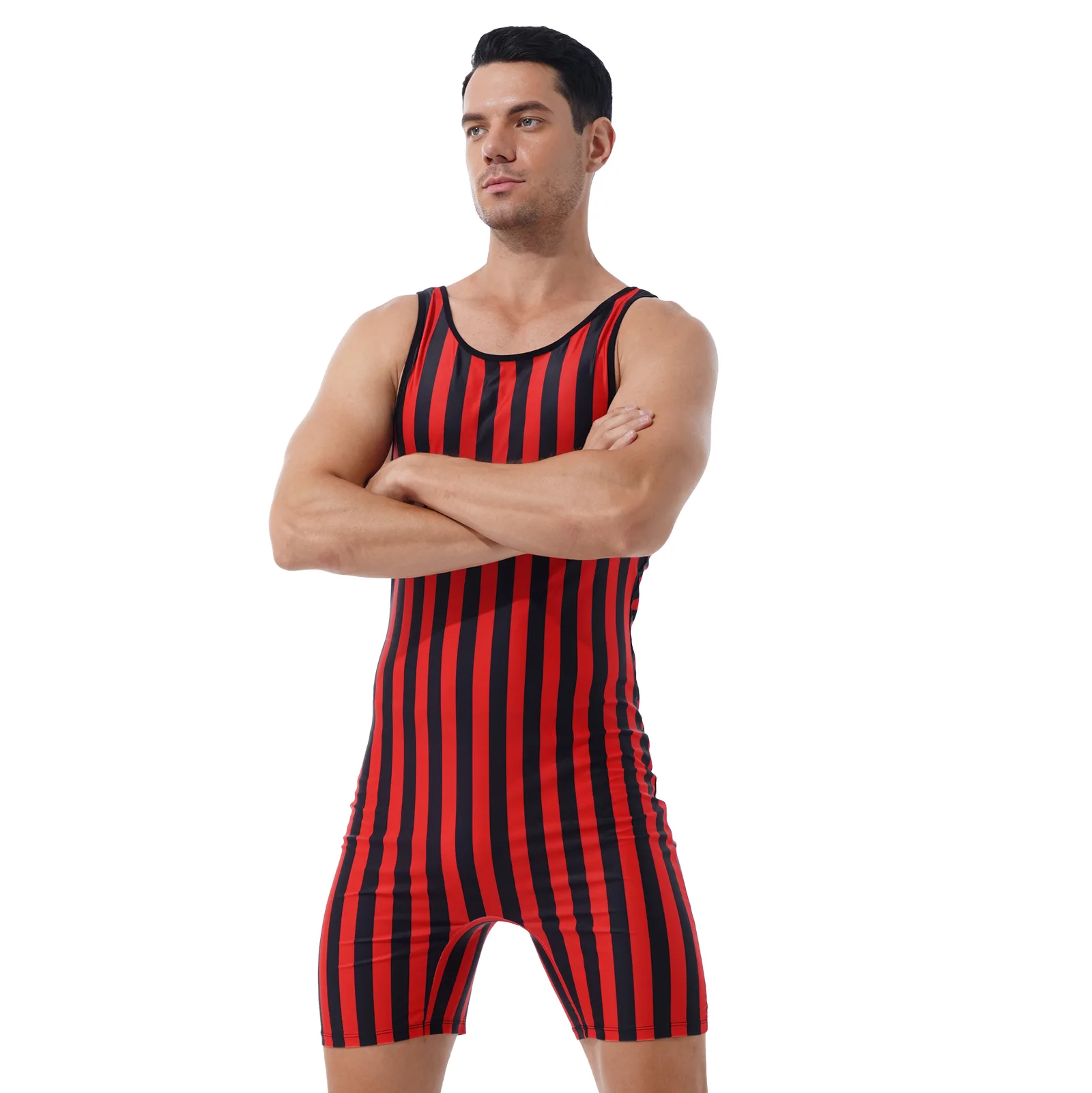 Men Striped Swimsuit Bikini Water Sports Surfing Short Jumpsuit Wrestling Singlet Workout Gymnastic Athletic Bodysuit Fitness