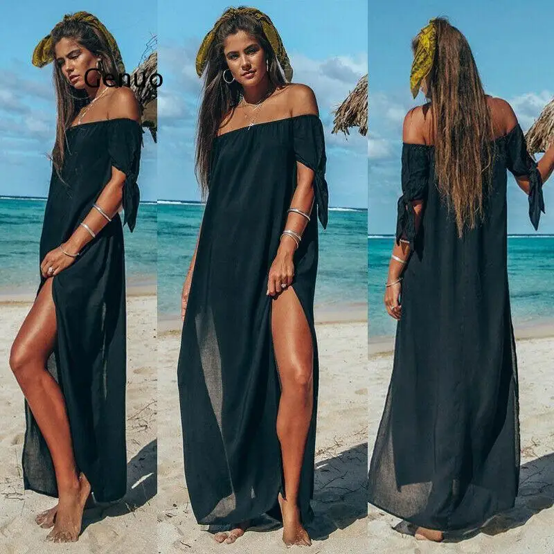 Sexy Off Shoulder kobiety sukienka w formie tuniki na plażę kostium kąpielowy z krótkim rękawem jednokolorowy pokrowiec na lato Maxi sukienki