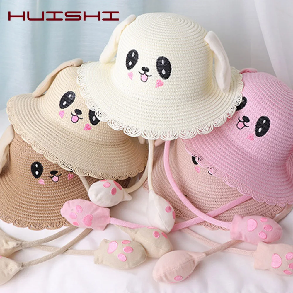 HUISHI Summer Hat For Baby Girl Straw Cute Cartoon Dance Airbag Ears Rabbit Hat For Kids Boy Girls Beach Panama Cap Foldable