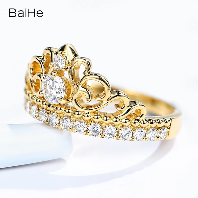 BAIHE Real Solid 14K Yellow Gold 0.50ct H/SI Natural Diamond Crown Ring Women Fine Jewelry Making Anillo de corona Kronenring