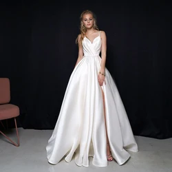 Fashion Satin Wedding Dress Customized Sexy Spaghetti Straps Ruched Pleats A Line Simple Bridal Gowns Vestido De Noiva
