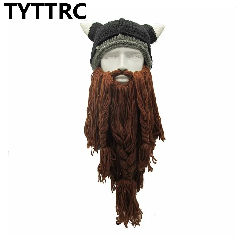 Men\'s Barbarian Vagabond Viking Beard Beanie Horn Hats Handmade Winter Warm Birthday Cool Gifts Funny Gag Halloween Hip Hop Cap