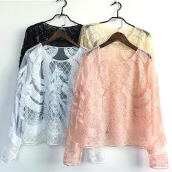 Camicetta a rete con perline Patchwork primaverile fatta a mano con perline fiore Sexy O collo camicia da donna elegante Pullover a maniche lunghe