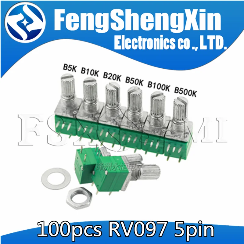 100pcs New RV097NS 5pin RK097NS RV097 5K 10K 20K 50K 100K 500K with a switch audio shaft 15mm amplifier sealing potentiometer