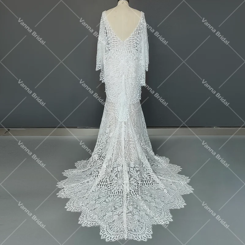 Abito da sposa con scollo a V in pizzo con maniche a cascata e scollo a V abito da sposa aderente a sirena Boho rustico su misura