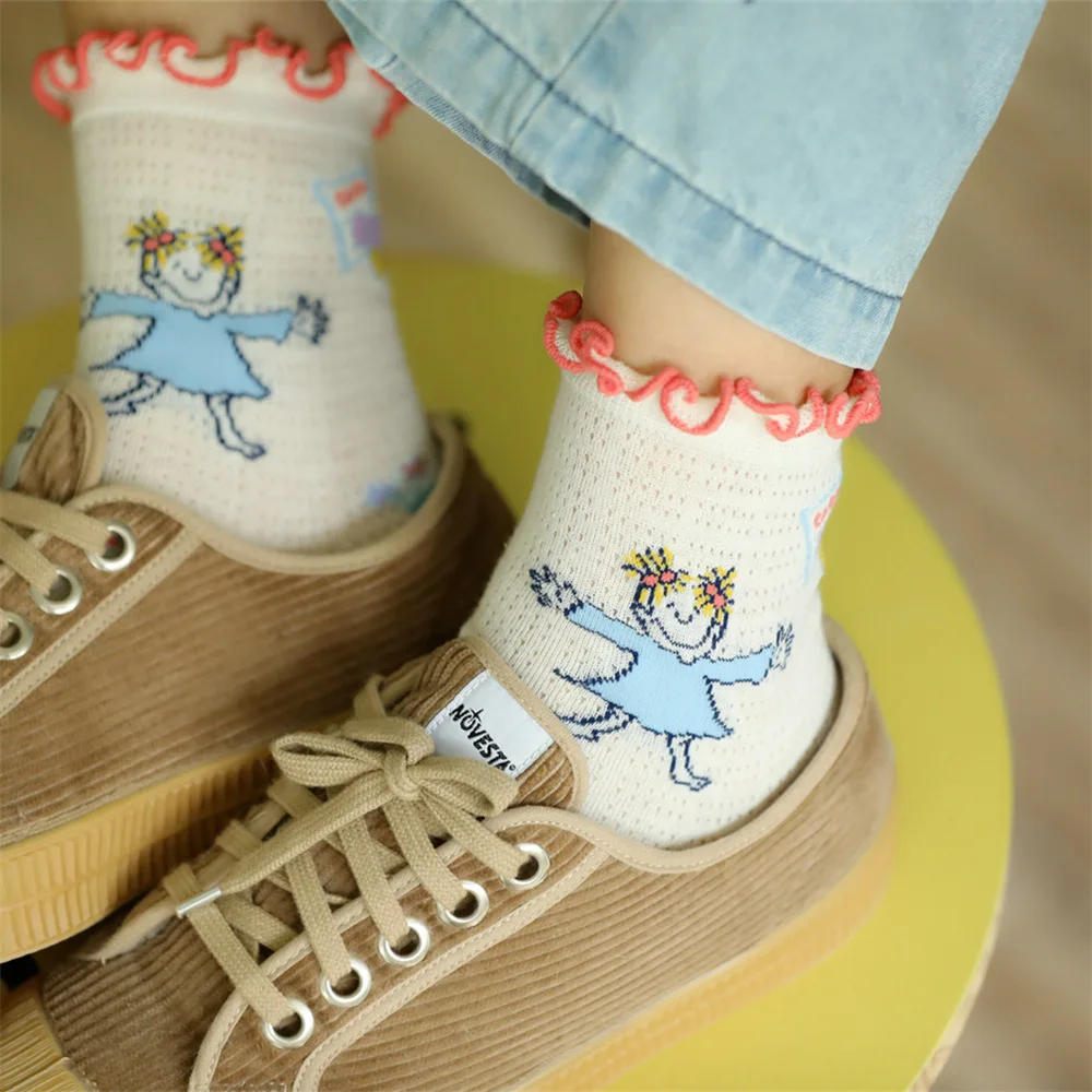 Cute cartoon girl summer summer mesh black fungus and combed cotton ms copy hand sewing thin cotton socks