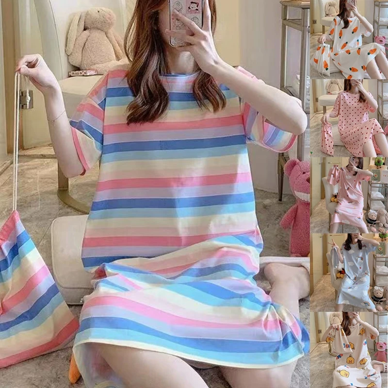 

Women Plus Size Short Sleeve Sleepdress Cartoon Duck Rainbow Carrot Print Nightgown Long Loose Sleepwear with Bag