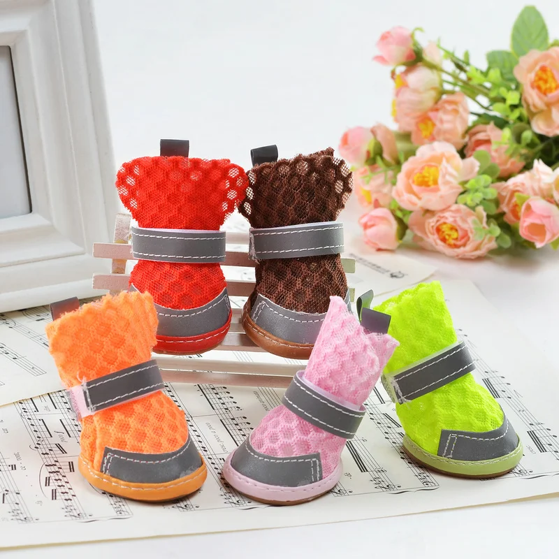 4 Pcs/lot Dog Shoes for Pet Teddy Soft Breathable Net Shoes Pet Boots Paw Protector Reflective Straps Anti-slip Puppy Shoes