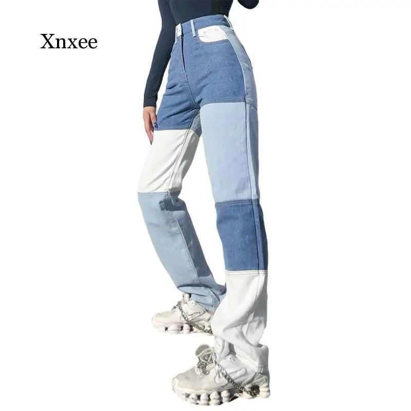 

Summer Women's Fashion Ladies High Waist Jeans Streetwear Color Matching Slim Retro Design Button Straight Jeans