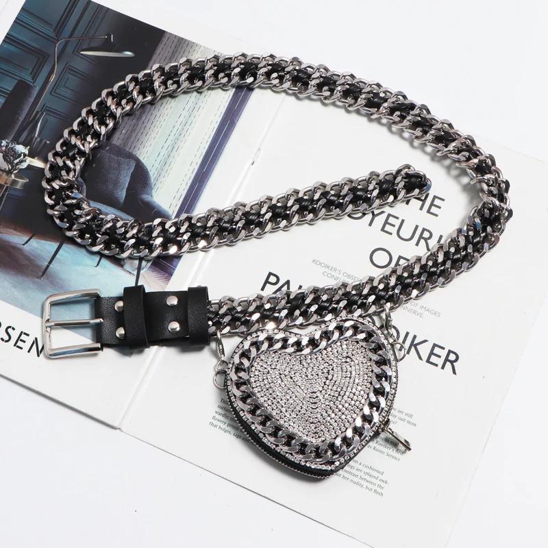 Punk Woven Belt Wide Chain Waist Bags Women Adjustable Waist Belt with Coin Bag Women Cute Heart Circular Rhinestone Fanny Pack