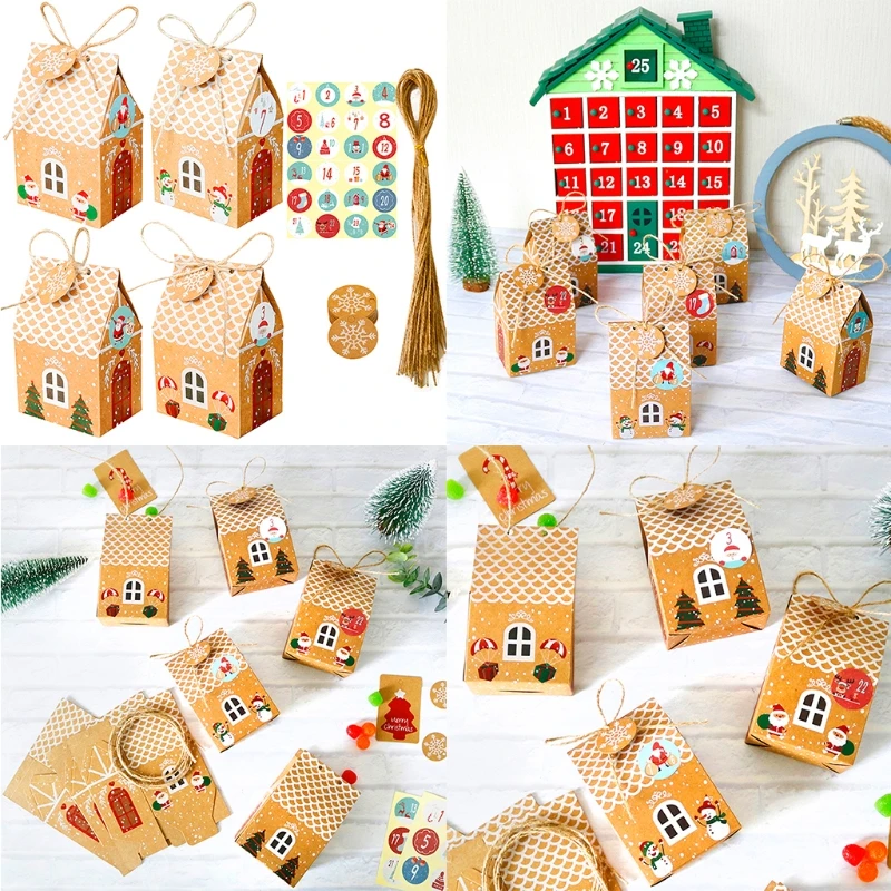 24 Sets Christmas House Gift Box Kraft Paper Cookies Candy Bag Snowflake Tags Advent Calendar Stickers Hemp Rope Party Suppiles