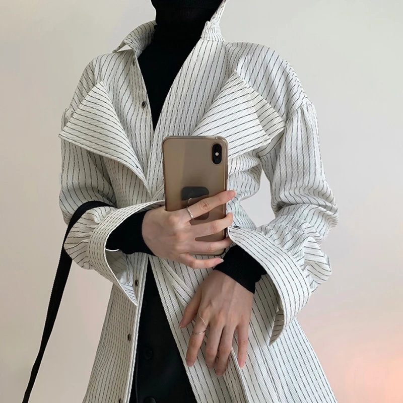 TWOTWINSTYLE Korean Patchwork Ruffle Shirt For Women Lapel Long Sleeve Striped Casual Fake Two Shirts Female Fashion New Clothes