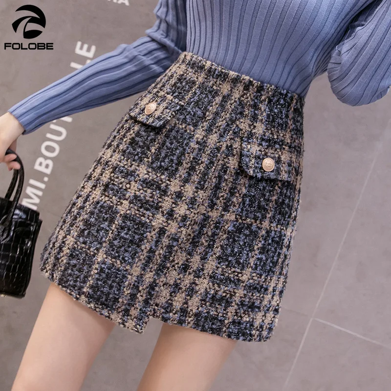 

Women's Woolen Tartan Skirt 2022 A-line Irregular Lady High Waist Pencil Mini Lattice Vintage Plaid Mujer Faldas Saias Mulher