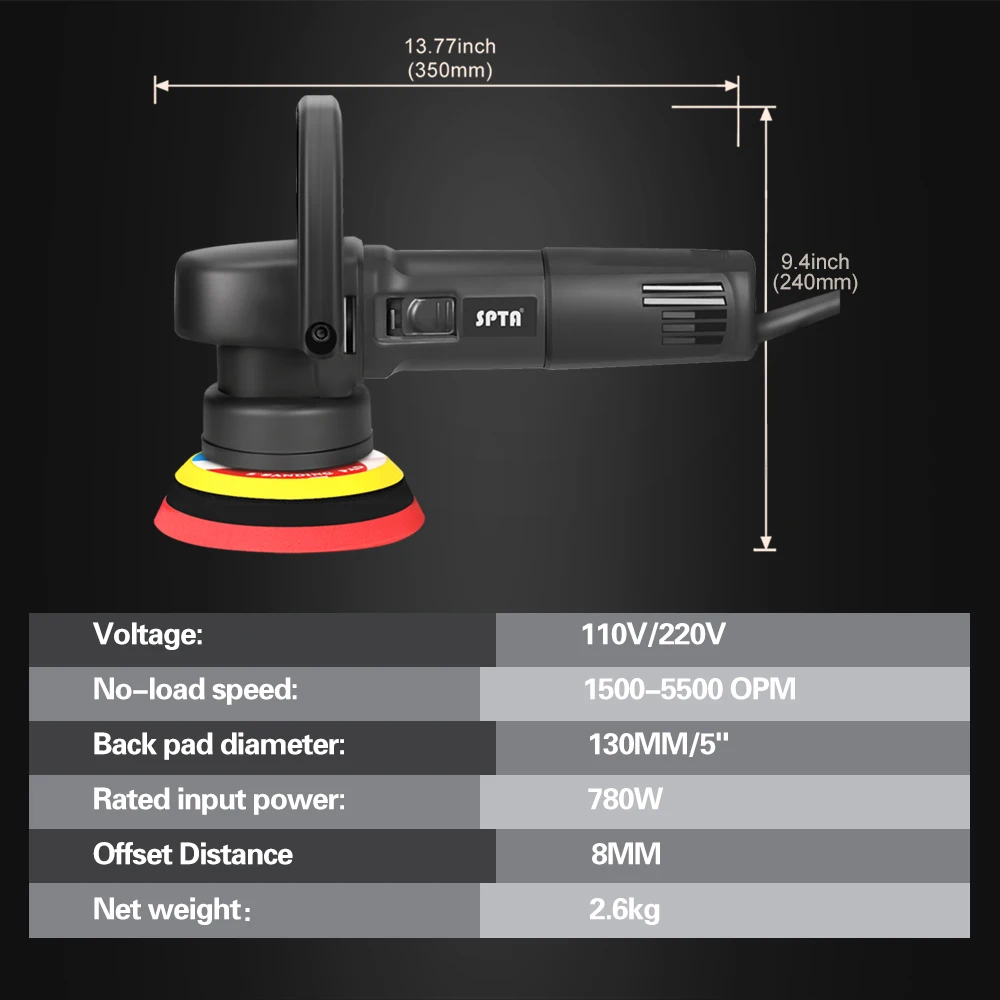 エスプレッソ-5インチ電気自動車研磨機,125mm,780W,デュアルアクションデバイス,8mmランダム,フォームパッド付き6可変速度,アクセサリ