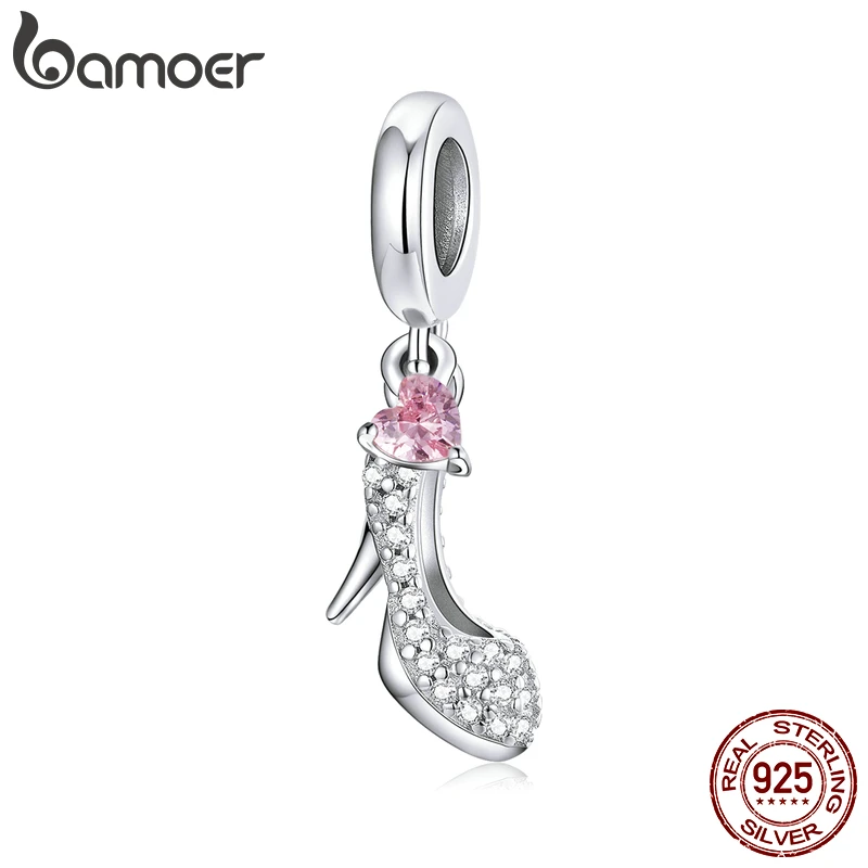 bamoer Shiny Glass Slipper 925 Sterling Silver Heels Pink Heart  Zircon Pendant Charm fit Original  Bracelet   Jewelry BSC411