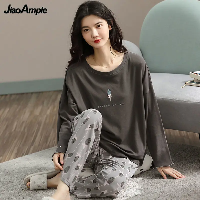 Women's Pajamas Spring Autumn New O-Neck Loose Long-sleeved Trousers Pijamas Two-piece Korean Cartoon Sleepwear Suit