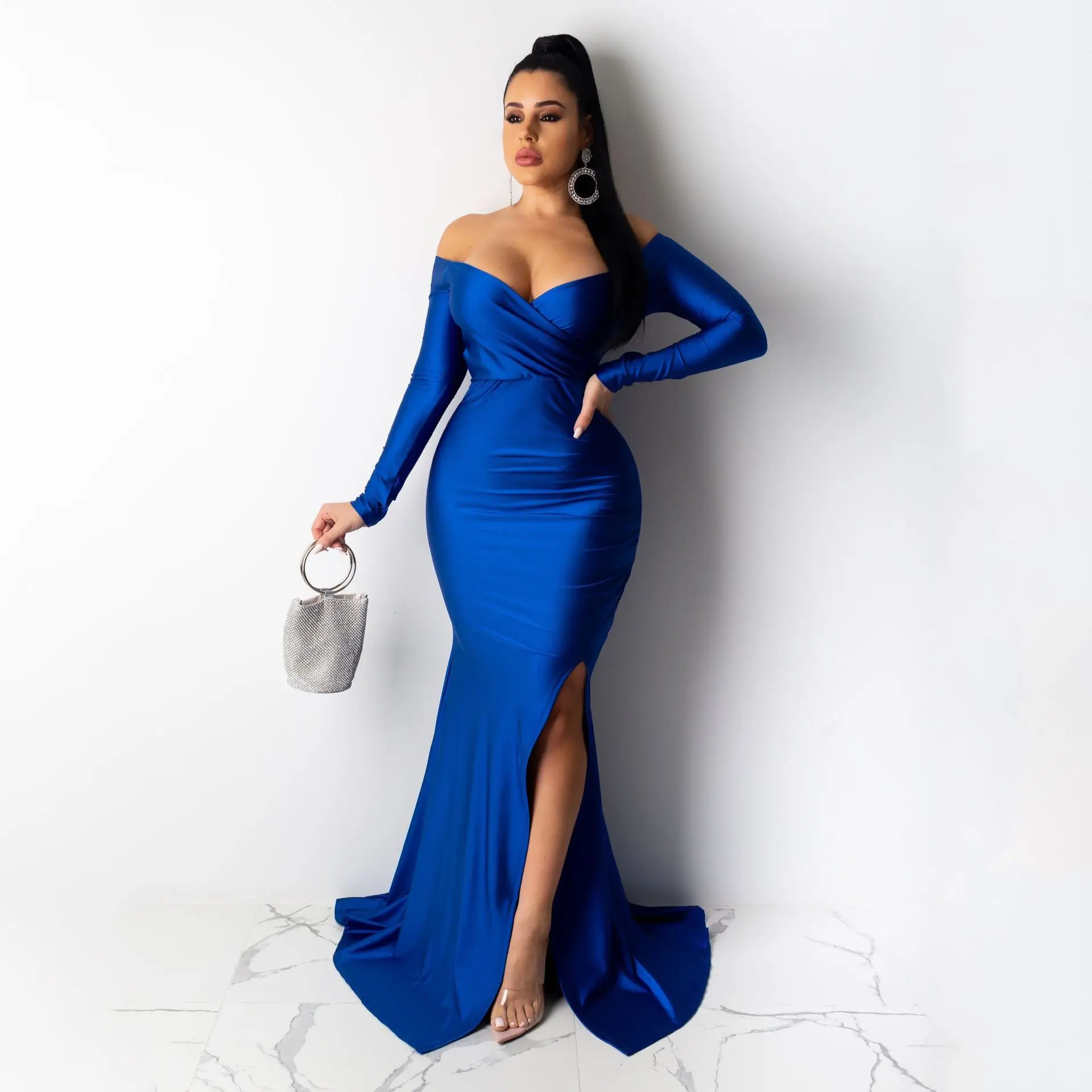 Fall Winter Women Off Shoulder Plunging V-neck High Side Split Mermaid Maxi Red Dress Sexy Night Party Club Long Dresses