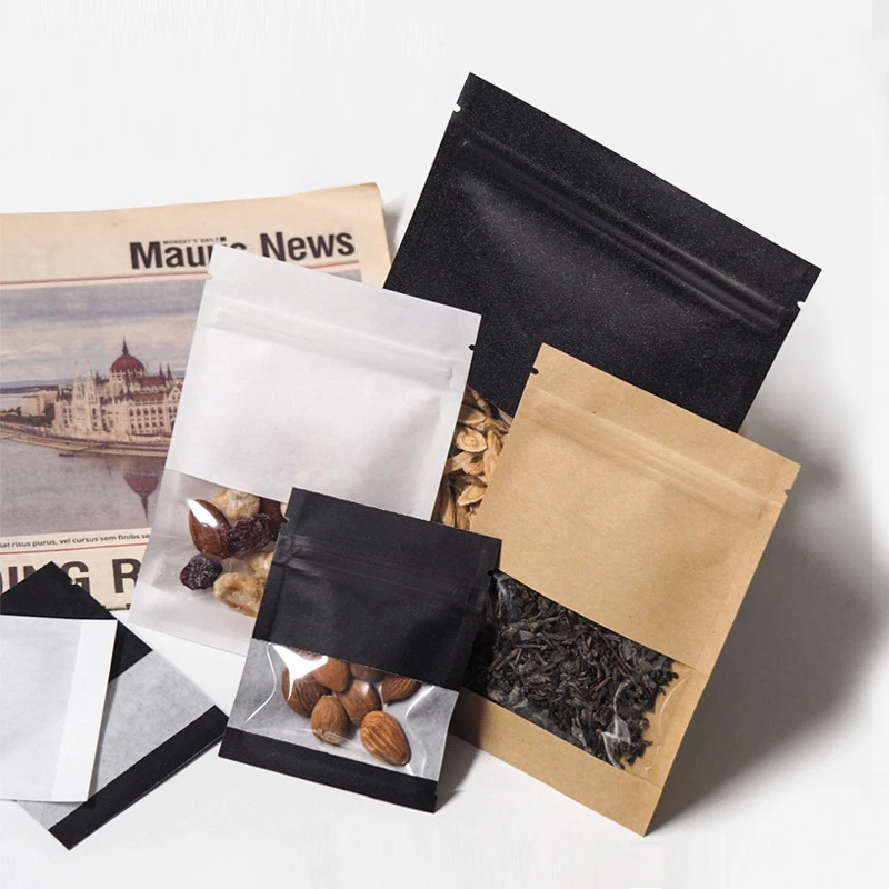 Thick Black White Ziplock Gift Bags Snack Nuts Beans Small Packaging Bag Brown Kraft Paper Zip Lock Pouches with Clear Window