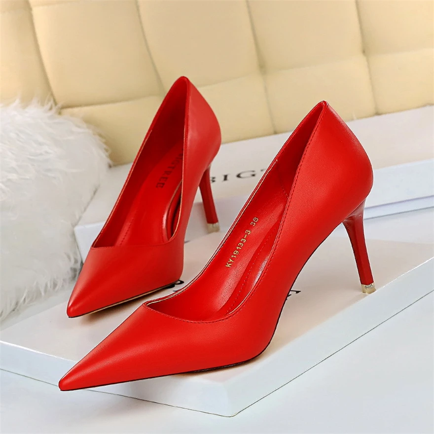 Soft Leather Concise High Heels 7.5/10.5cm Shoes Fashion Women Pumps Pointed Toe Slip On Candy Colors Office Woman Wedding Shoes