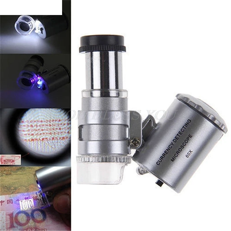 60x Mini Pocket LED UV Jewellers Loupe Microscope Glass Jewellery Magnifier Drop Shipping