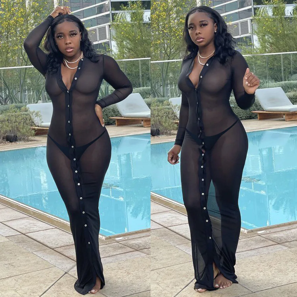SKMY Black Mesh Dress Button Deep V Long Sleeve See-Through Summer Beach Clothes Sexy Dress Women Party Night Club Wear