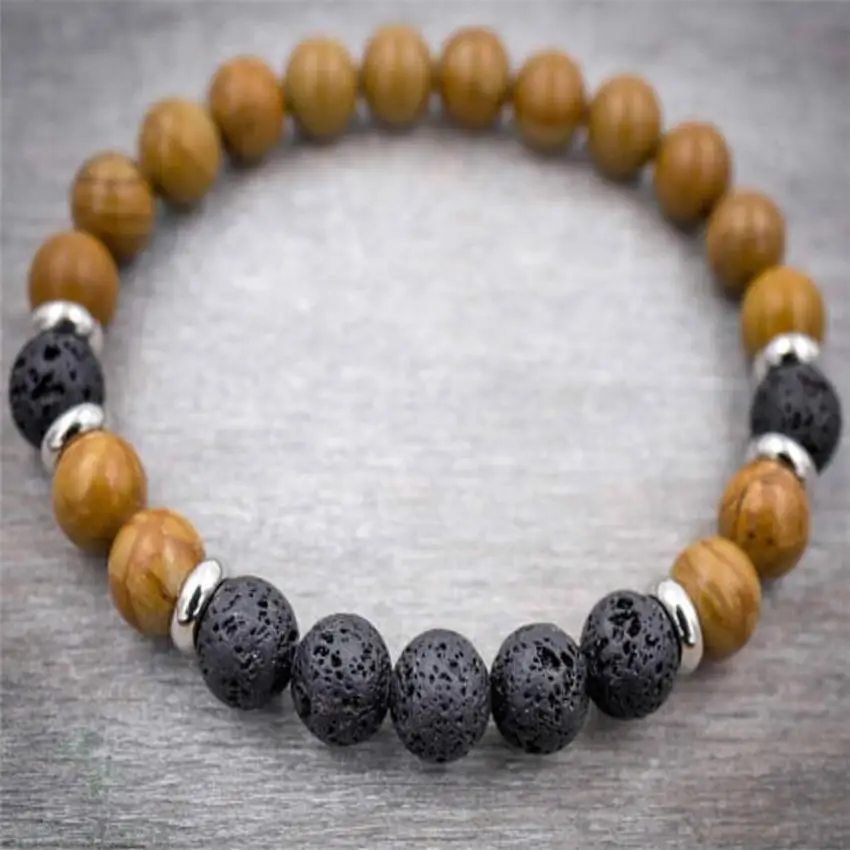 8mm Wood Grain Stone Volcanic Gemstone Mala Bracelet Spirituality Chakras Wrist Bless Meditation Unisex Healing Mala Monk Cuff