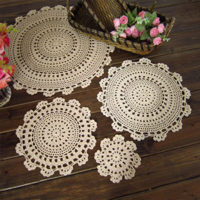 Natural Tablecloth Handmade Crochet Lace Cotton Placemat Table Cloth Doily Cover Pad Heat Resistant Anti-Skidding Pad