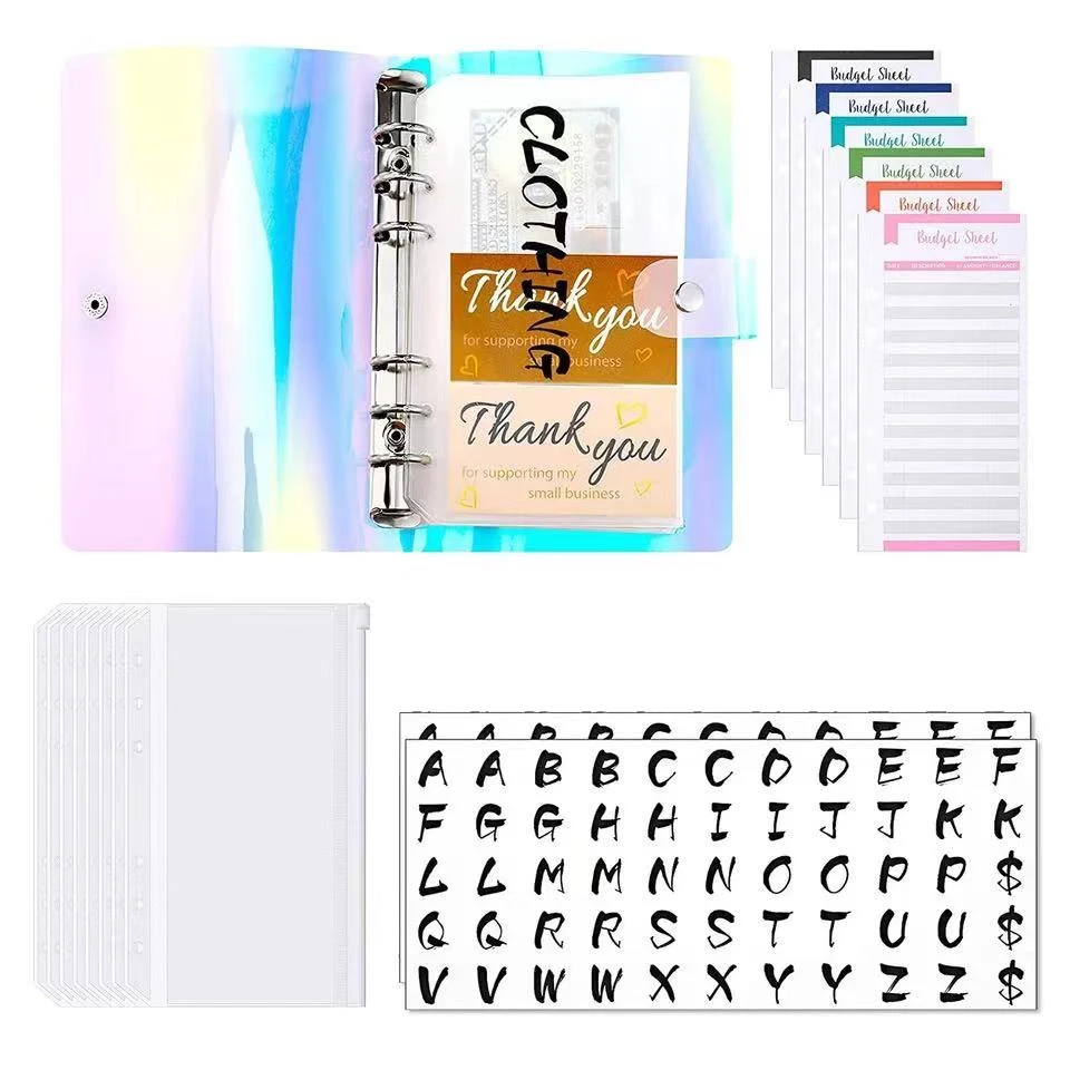 

A6 Binder Refillable Notebook Cover with 12 Cash Envelopes Budget Sheets and 6 Pieces Black Letters Labels for Planner Office