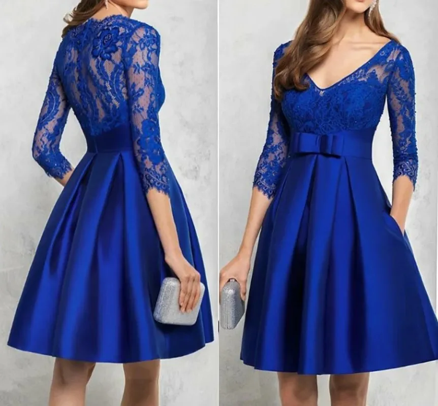 

Royal Blue Top Lace Short Prom Dress Plus Size V-Neck Knee Length Half Sleeve with Bow Sash Cocktail Party Gown Robe De Soriee