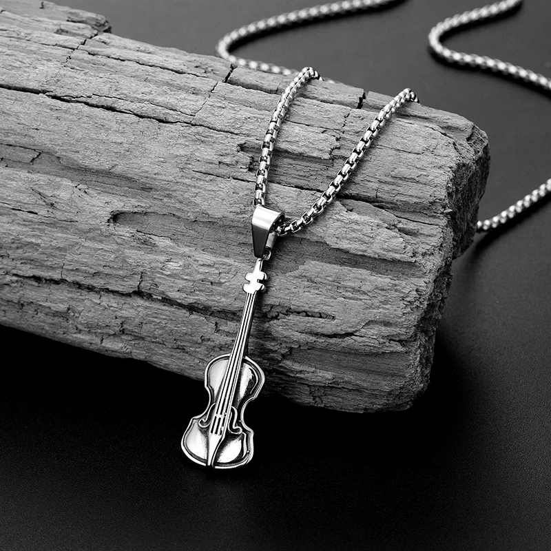 Trend Woman Music Vintage Pendant Jewelry Gift Men’s Girl Boy Stainless Steel Violin Pendant Necklace Antique Steel Color chain
