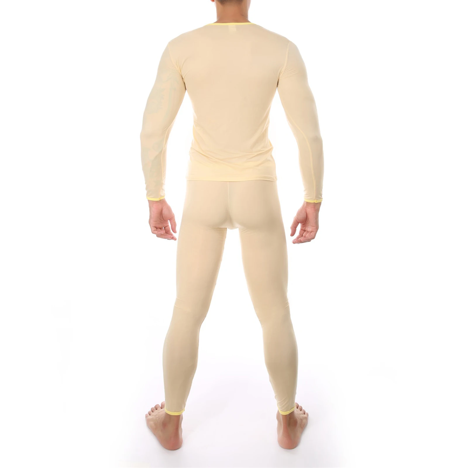 CLEVER-MENMODE Sexy Male Long Johns Men\'s Thermal Underwear Sleepwear Ice Silk Lounge Tight Long Sleeve Undershirt Trousers Set