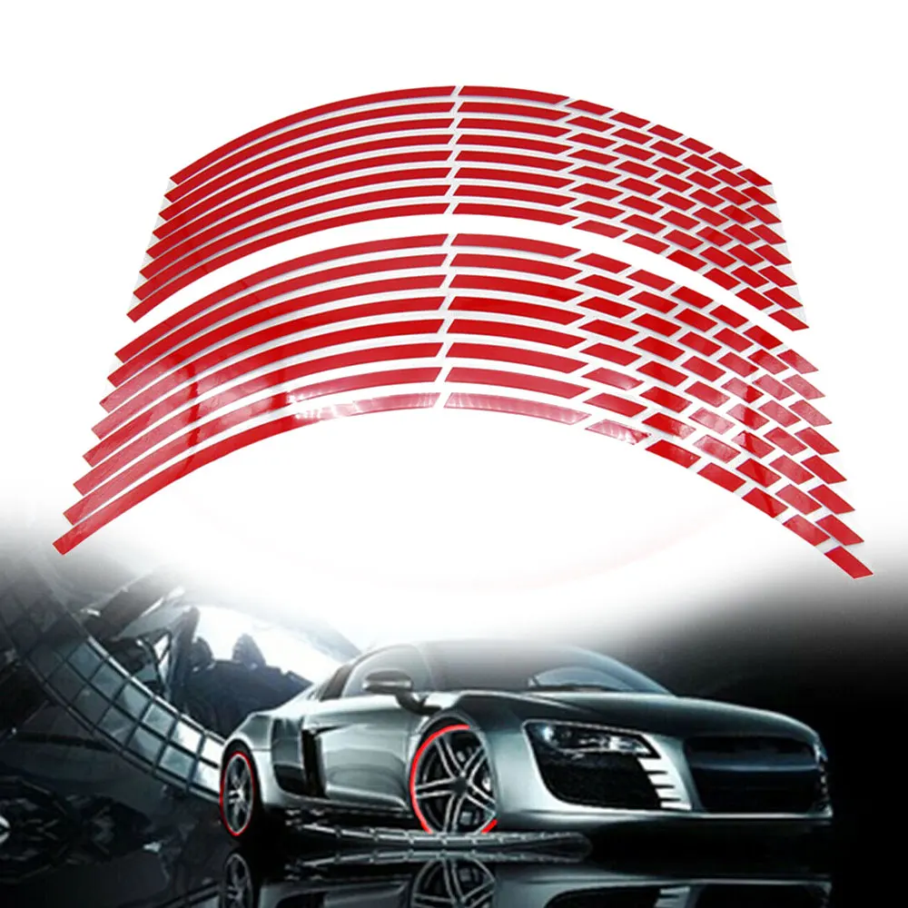 

16Pcs 17"/18" Motorcycle Car Auto Vehicle Wheel Tire Sticker Reflective Rim Strip Tape Decal Red Decoration Exterior Accessories