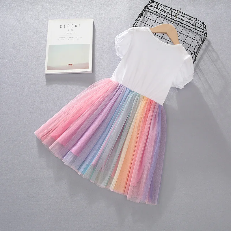 Jargazol Rainbow Unicorn Dress Kids Clothes Baby Girl Dresses Elegant Cute Summer Short Sleeve Princess Dress Mesh Vestidos