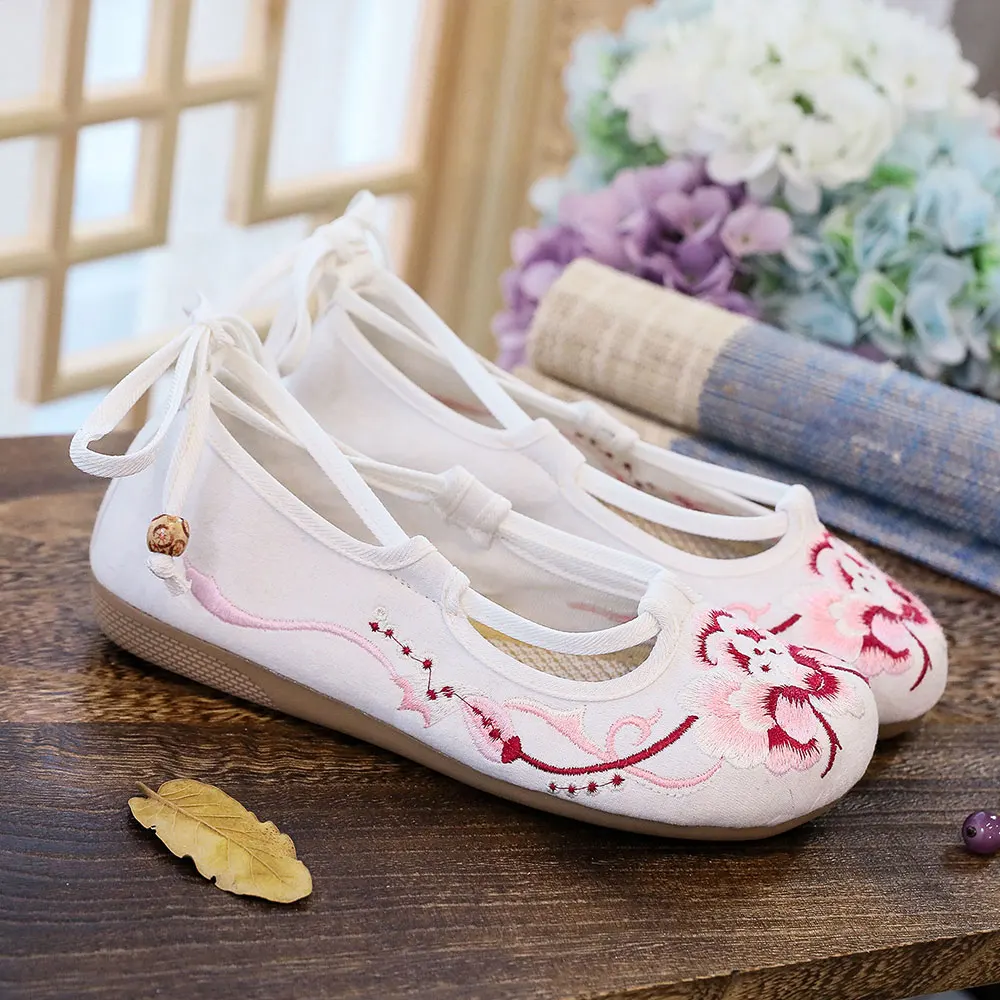 Veowalk Ankle Strap Women Soft Jacquard Cotton Neat Embroidered Ballet Flats Elegant Ladies Casual Comfortable Walking Shoes