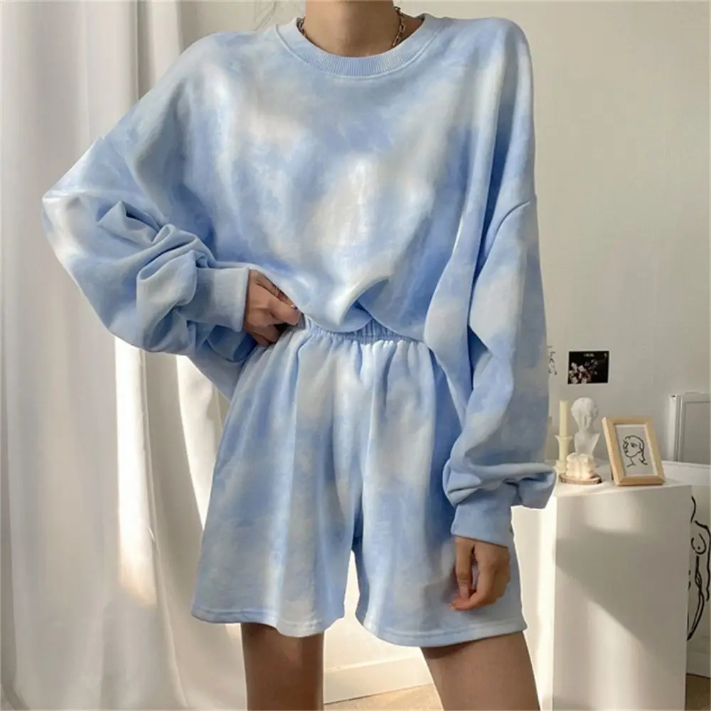 2021 New Tie-Dye Casual Hoodies Two Piece Suits Women Casual Loose Long Sleeve Sweatshirts Spring Autumn Thin Woman Set