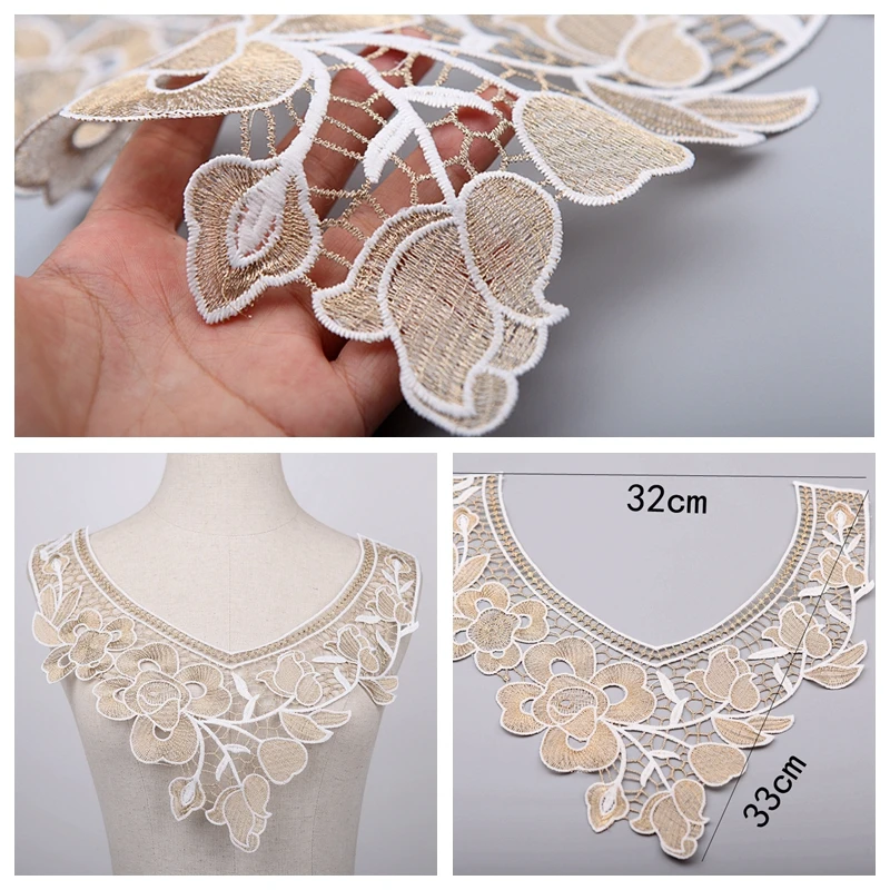 1Pc Gold White Lace Fabric Flower Lace Neckline Collar Embroidery Lace Trimming DIY Applique Sewing Lace Fabric