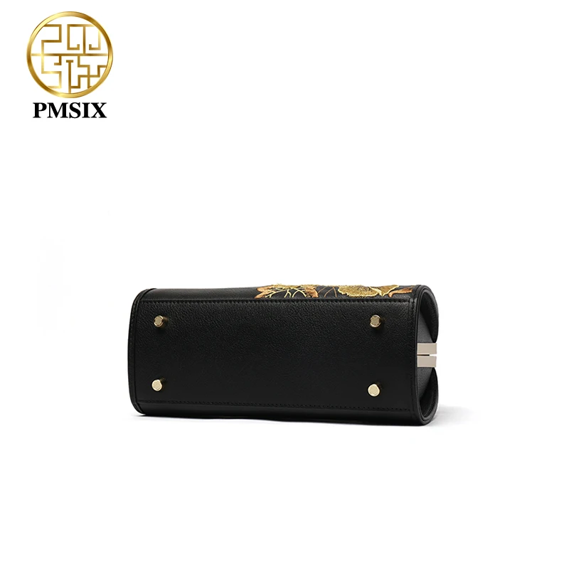 PMSIX Women Genuine Leather Handbag Fashionable Embroidery Real Leather Shoulder Bag Classical Tote Crossbody Bag 2020