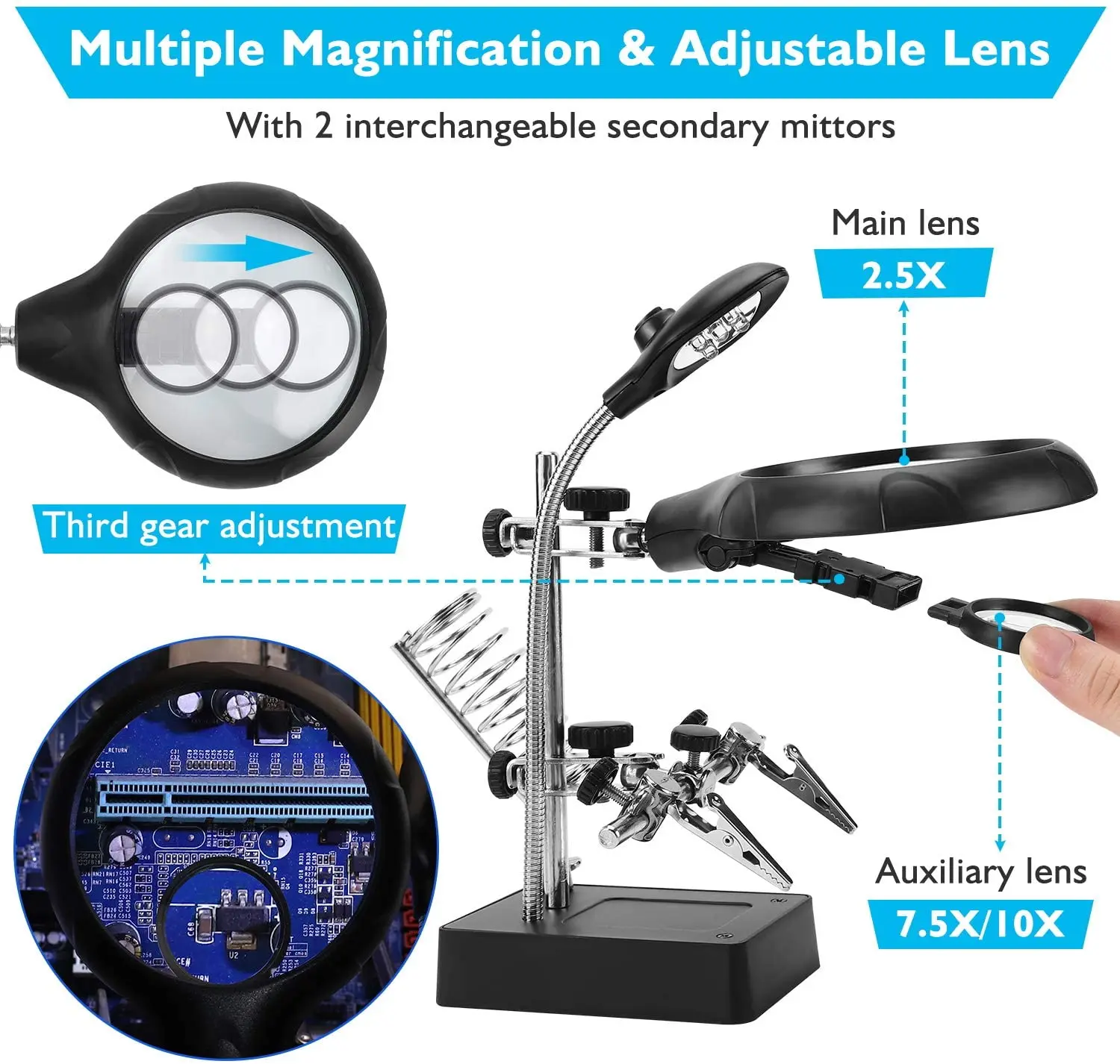 2.5X 7.5X 10X LED Light Helping Hands Magnifier Soldering Station Magnifying Glass Stand with Auxiliary Clamp and Alligator Clip