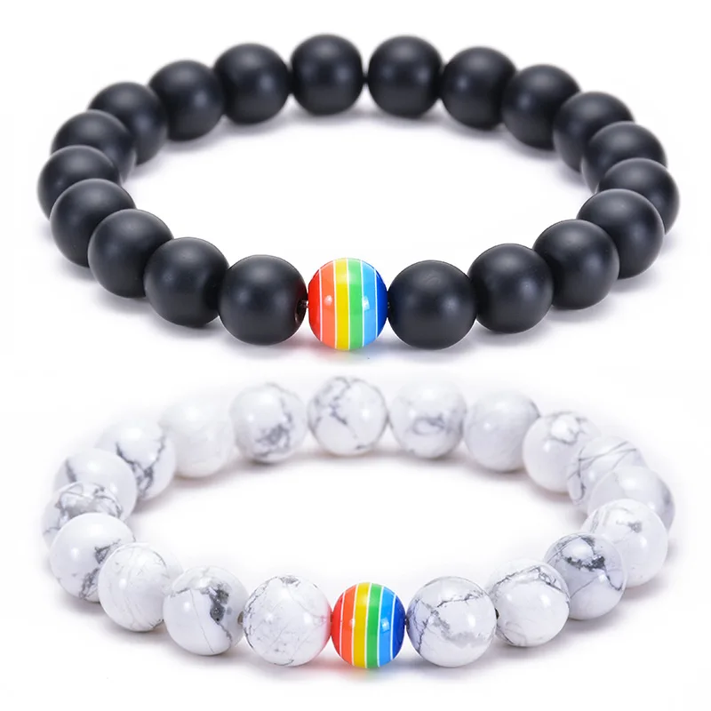 10mm Natural Stone Beaded Bracelet Rainbow LGBT Relationship Couples Bracelets Tiger Eye Lava Rock Yoga Beads Bracelets Adjustab