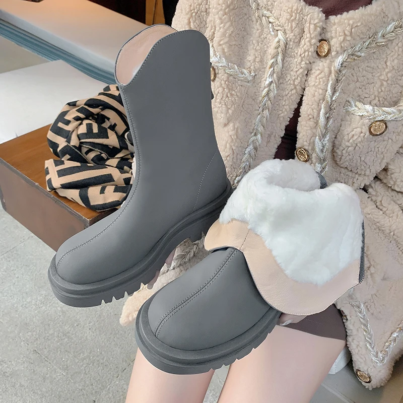 Winter Women Snow Boots Warm Wool Fur Genuine Leather Causal Boots Shoes Ankle Booties Platform Shoes