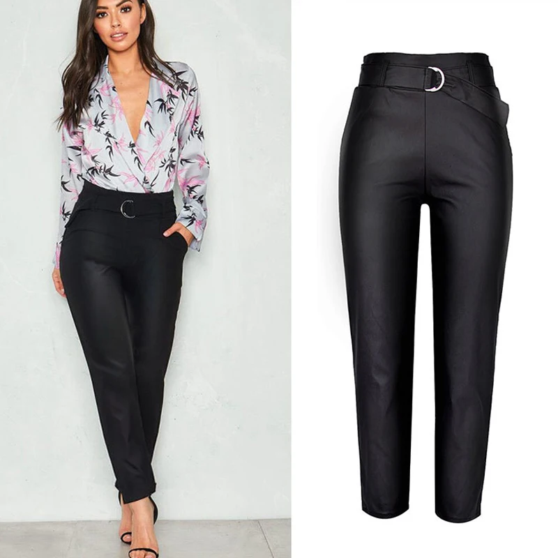 Women High Waist Stretch Pu Leather Pants Belt Lace Up Faux Leather Pencil Trousers Elegant Office Lady Work Wear Luxury Brand