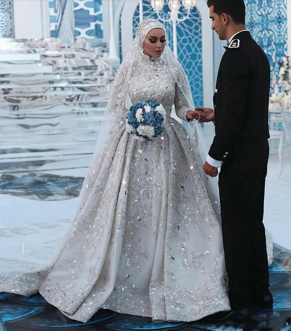 DuBai abiti da sposa abiti da sposa 2022 lusso saudita arabo pizzo a-line collo alto musulmano scintillante maniche lunghe abito con paillettes