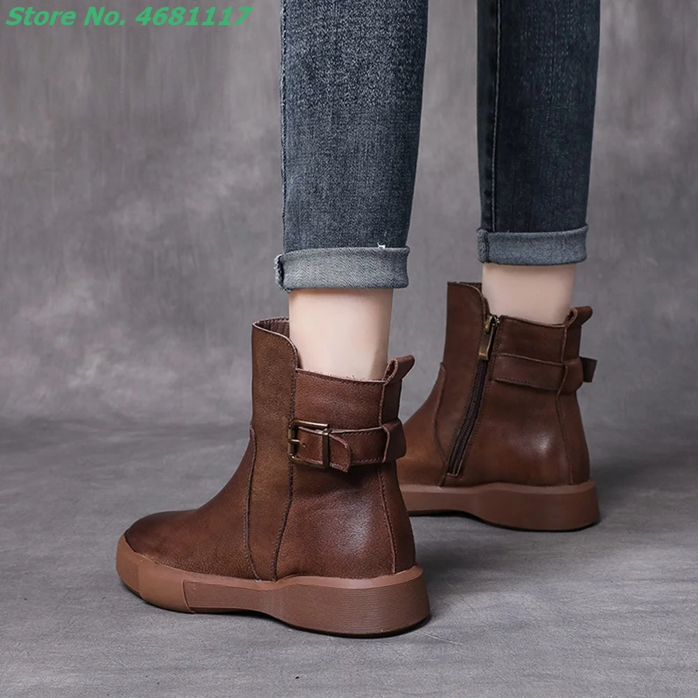 

Retro Back Belt Buckle Zipper Solid Boots Cozy Flat Shoes Low Block Heels Splicing Cow Leather Women Round Toe Women Casual