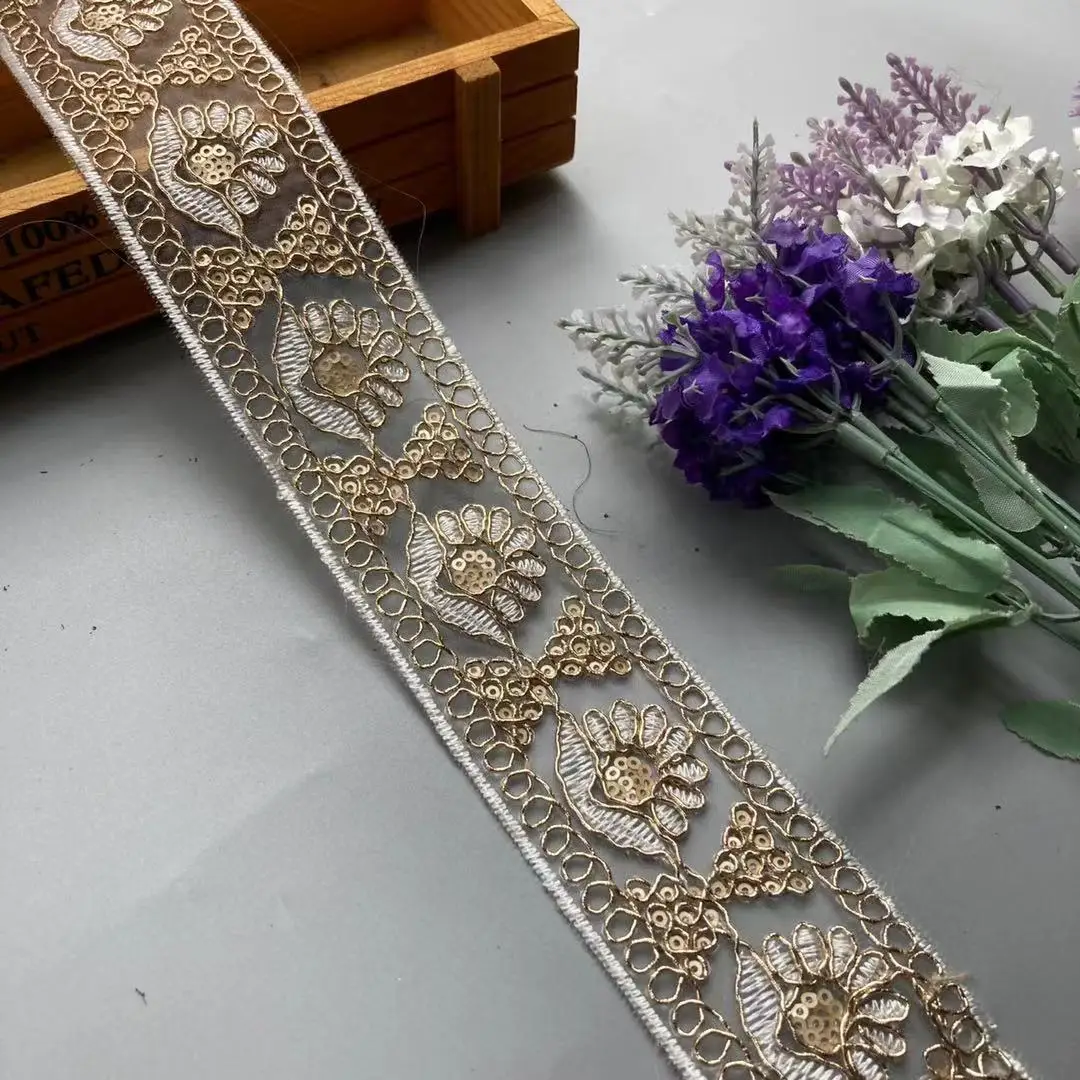 1 Yards Sequin Lace Trim Lace Ribbons Fabric DIY Embroidery for Garments Headdress Ethnic Wedding Decor Sewing Handmade Supplies